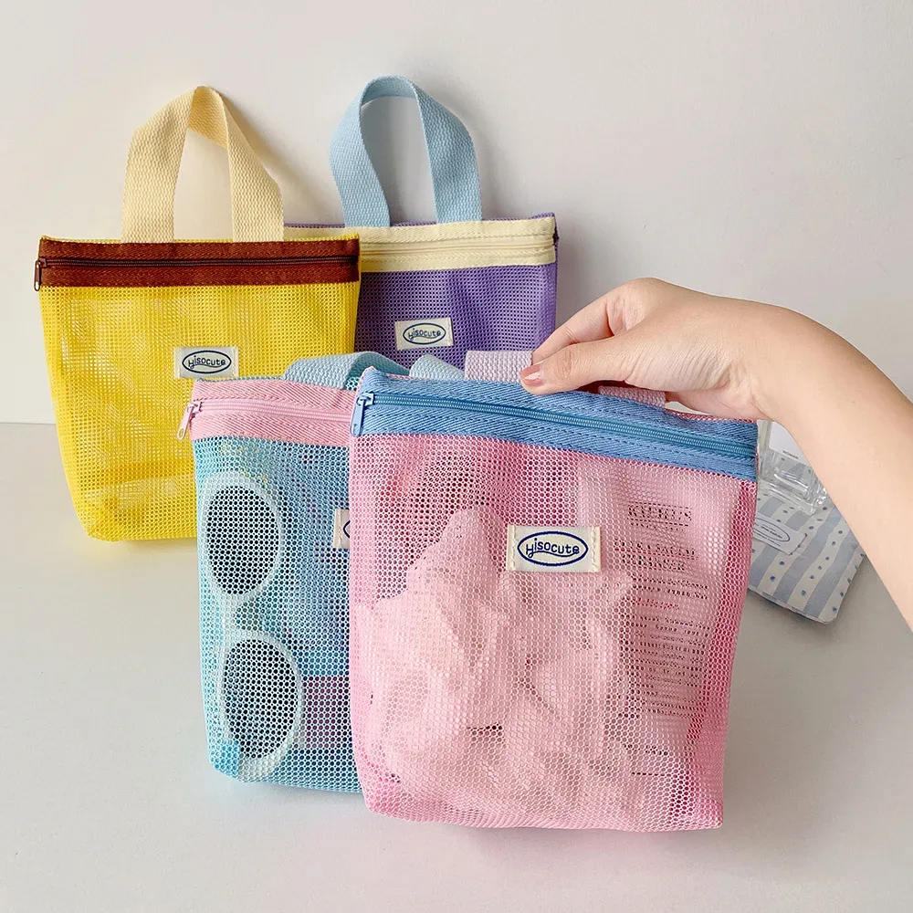 sac à main en maille, sac de maquillage, pochette de maquillage pour femmes, sac de lavage portable, sac de plage, clé mobile, sacs de rangement pour petits articles, organisateur