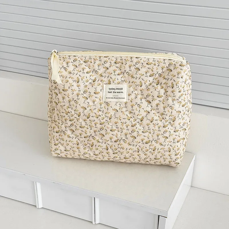 sac à cosmétiques vintage en velours côtelé pour femmes, sacs de rangement de voyage rétro pour dames, sacs à main portables, trousse de maquillage, pochette