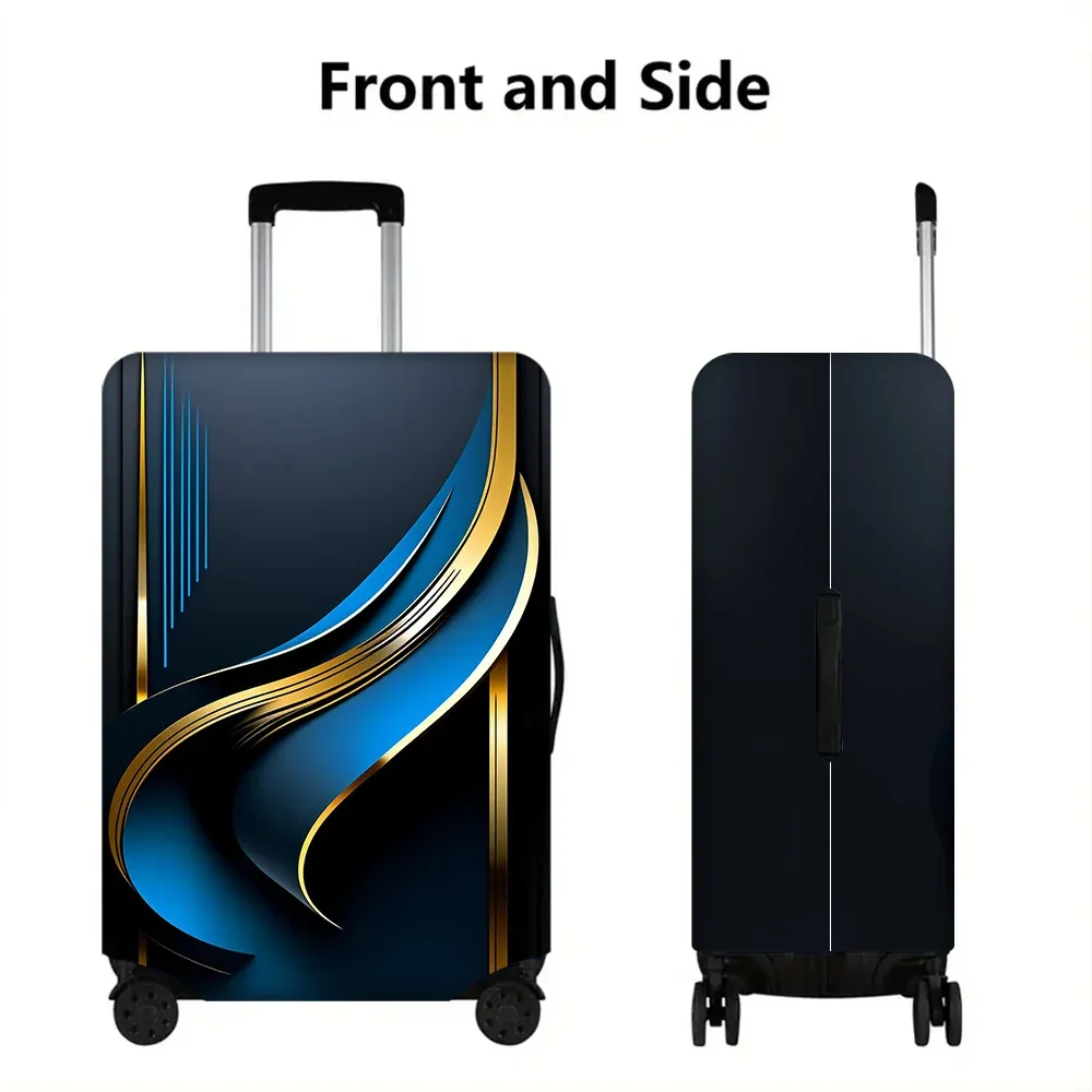 housse valise polyester motif lignes bleues dorées fond noir poignées noires format rectangulaire protection voyage