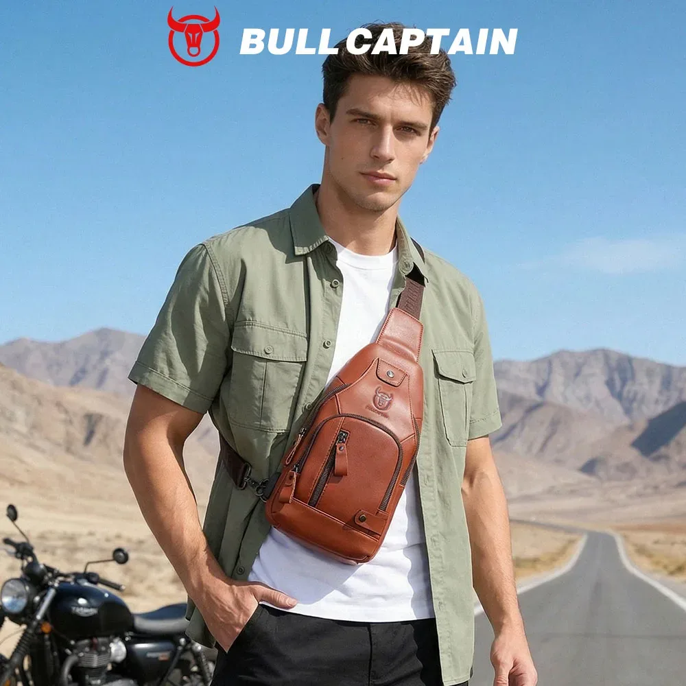 bullcaptain – sac de poitrine usb pour hommes, sacs à bandoulière 100% cuir véritable, sacoche multifonction de voyage et d'extérieur, sac messager à la mode