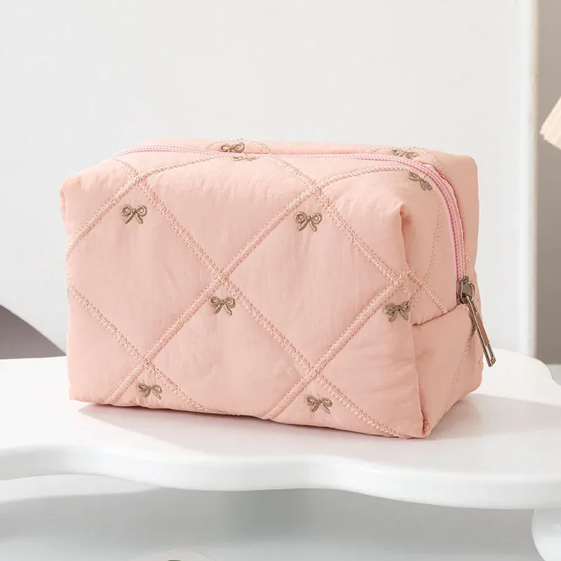 sac de toilette brodé à nœud, grande capacité, sac de voyage, sac à maquillage à carreaux, pochette de rangement