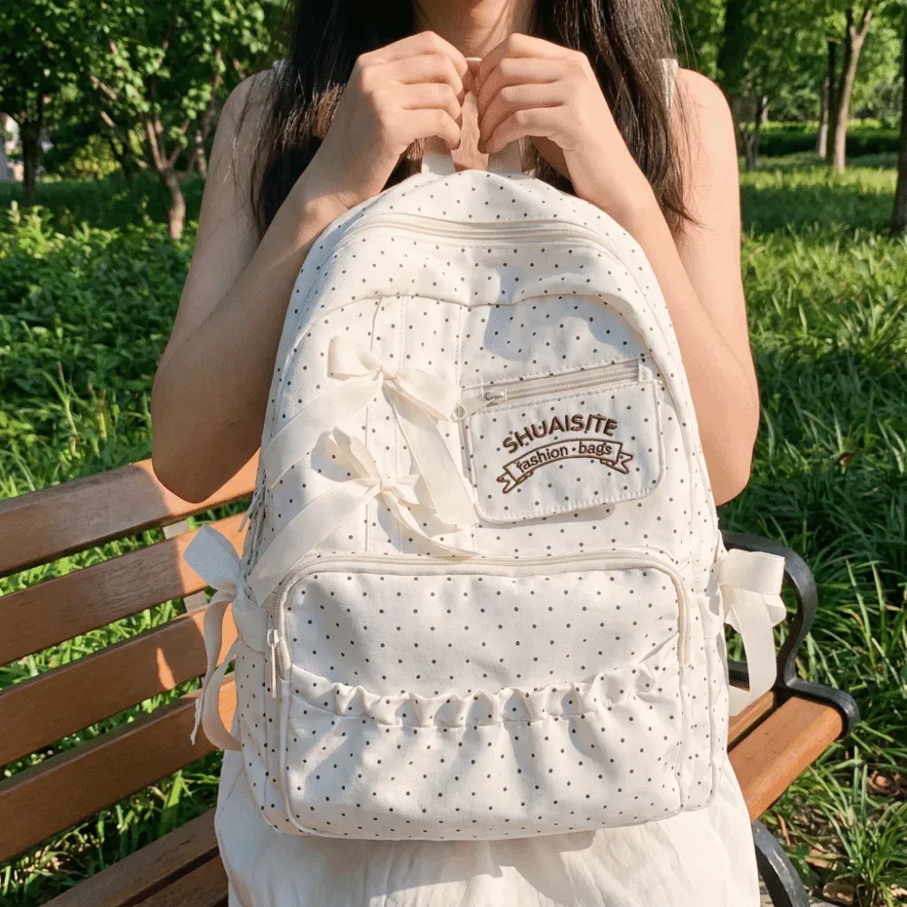 sac à dos en nylon à pois avec nœud, multi-compartiments, grande capacité, fermeture éclair, doublure en polyester, sac à dos de voyage
