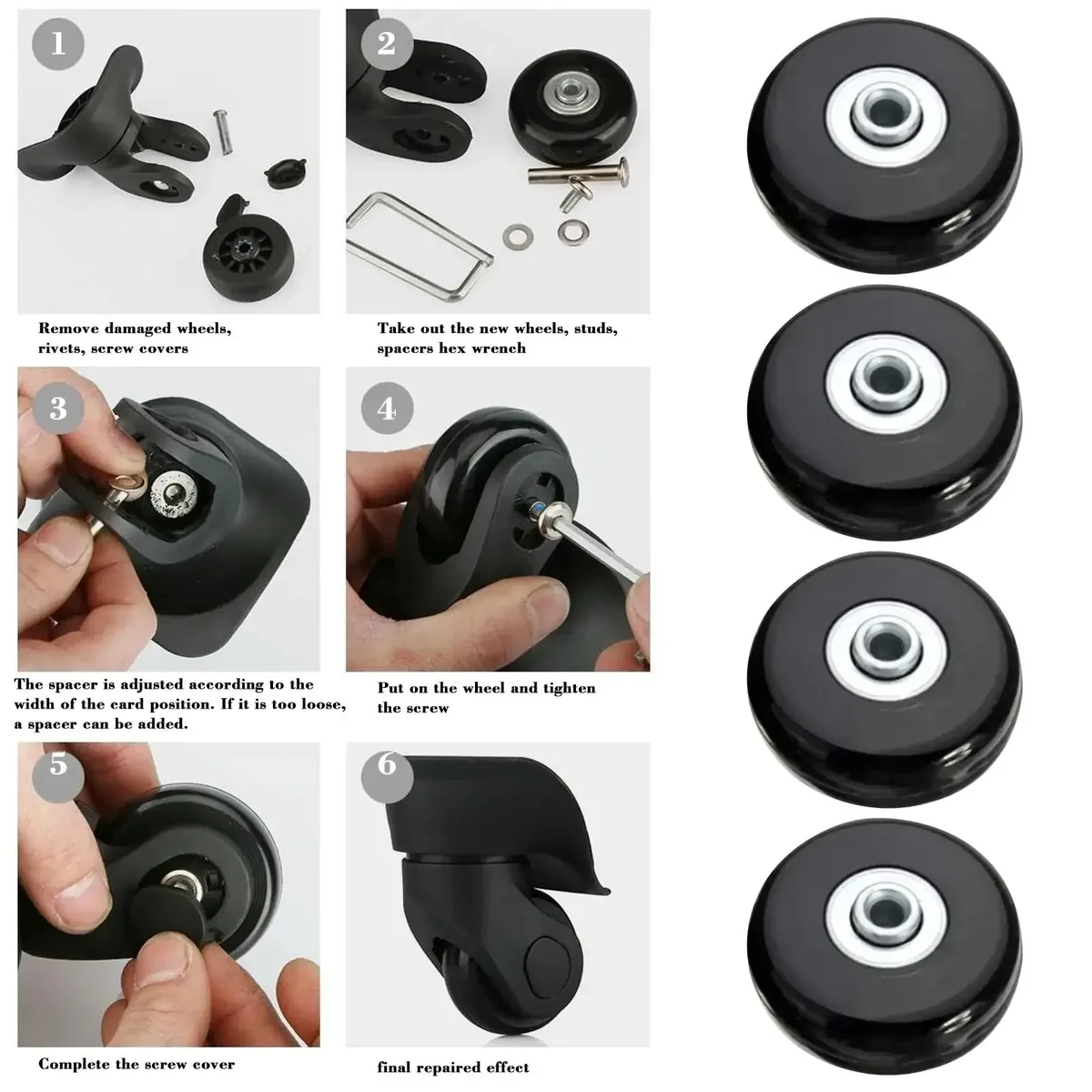 roulettes de remplacement pour réparation silencieuse, universelles et durables, pour bagages de voyage, pièces de valise, essieux coulissants, résistants à l'usure, flexibles