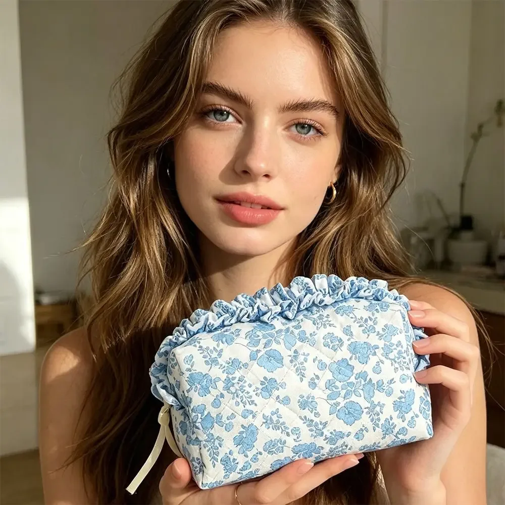 pochette polyester floral bleu blanc motif fleur nœud voyage cosmétique organisateur maquillage capacité grande taille portable