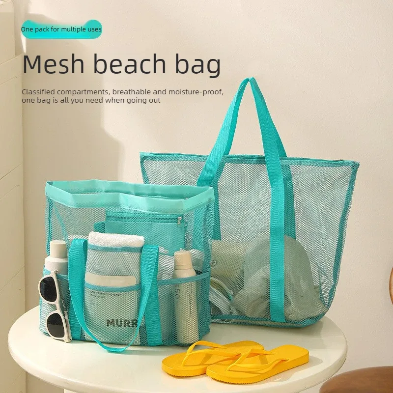 sac de plage en maille grande capacité avec poignées, sac de rangement ajouré pour voyages en bord de mer, serviettes, chaussons et courses