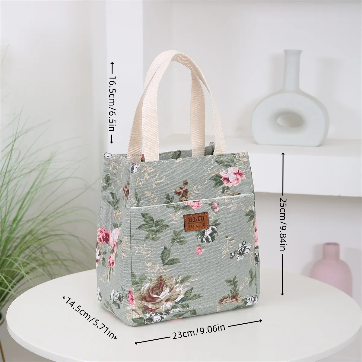 nouveau sac à main en toile imprimé de fleurs, sac de travail portable multi-poches avec fermeture éclair semi-fermée, sac de rangement quotidien, sac à bento.