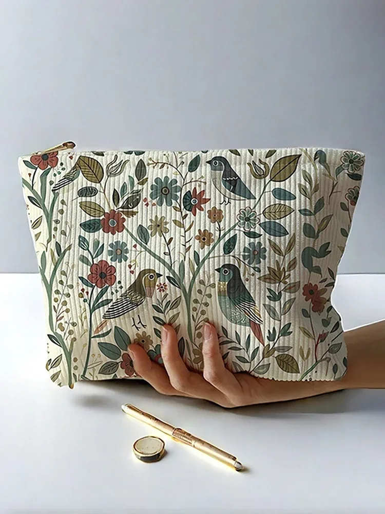 1 pièce, trousse de maquillage en velours côtelé avec motif d'oiseaux et de branches, légère et multifonctionnelle pour le rangement des cosmétiques.