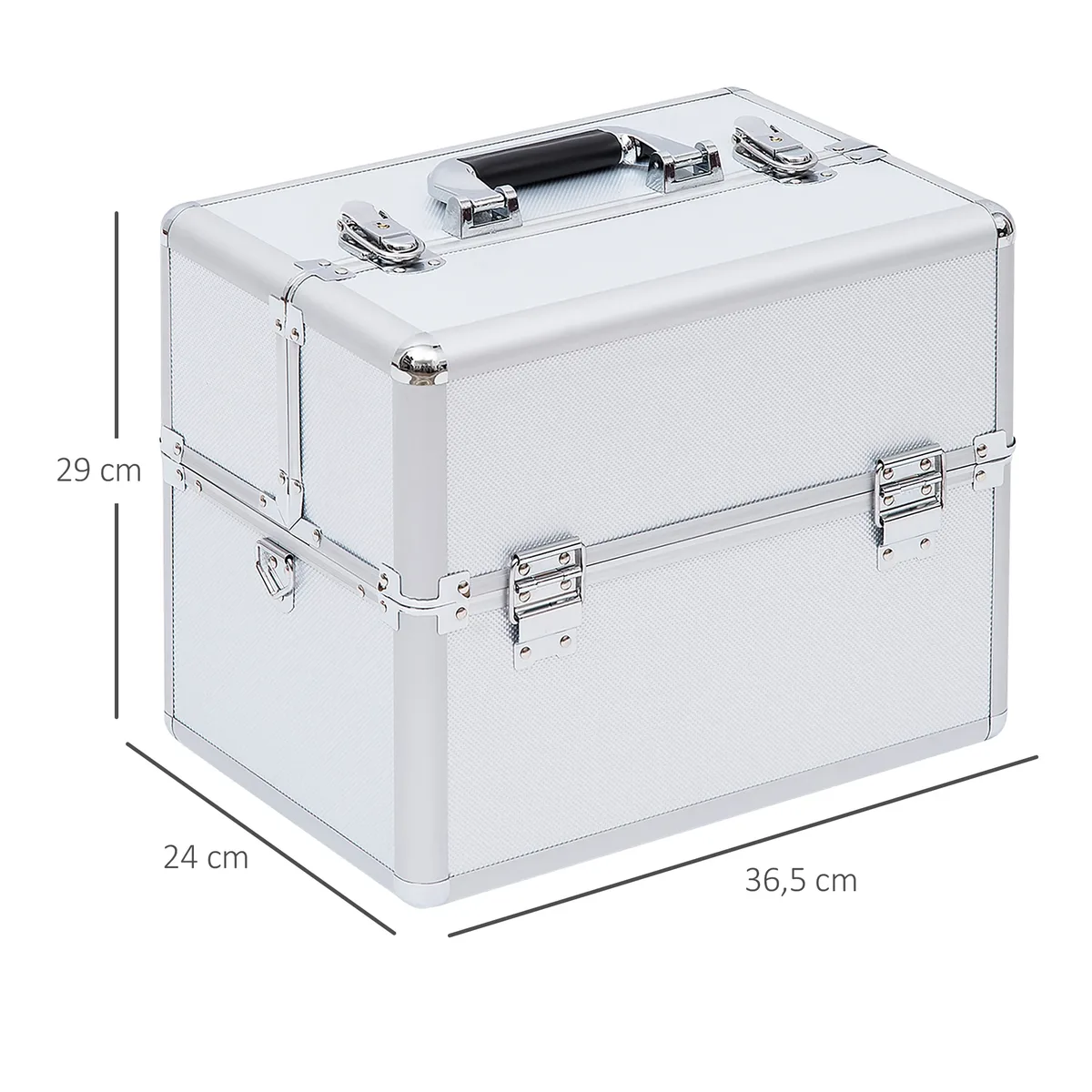 homcom mallette maquillage valise maquillage à 3 niveaux, boîte de cosmétiques avec clés, 36,5 x 24 x 29 cm, argent