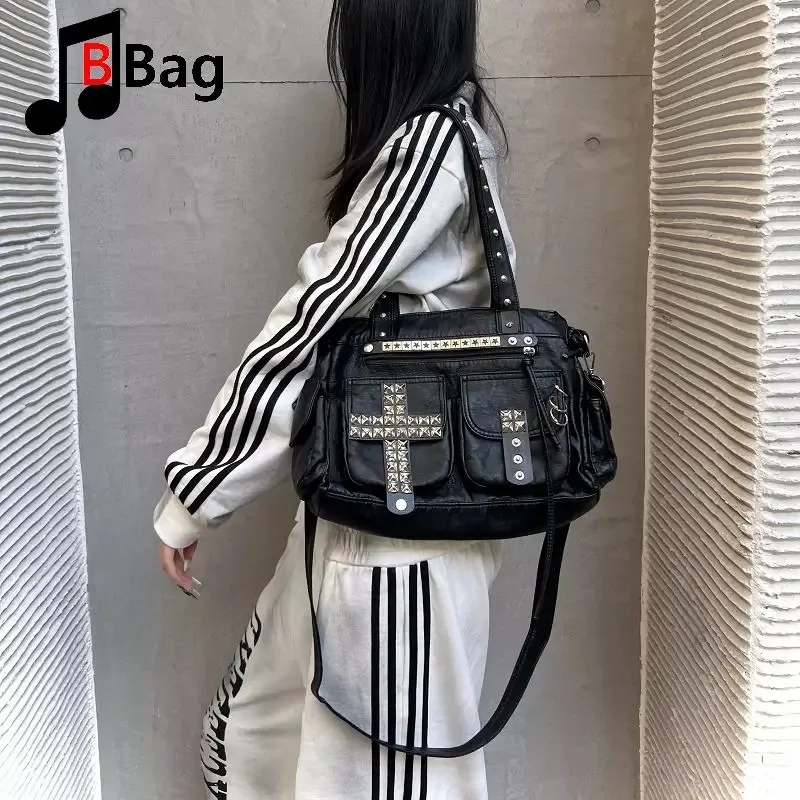 sac fourre-tout original fait main, style punk à rivets, motif croix, lourd, pour subculture visual kei, sac à main gothique, sac bandoulière harajuku