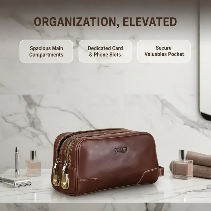 sac de toilette pour homme en cuir véritable avec serrure à combinaison, grande capacité, sac de voyage pour les voyages d'affaires et le rangement quotidien