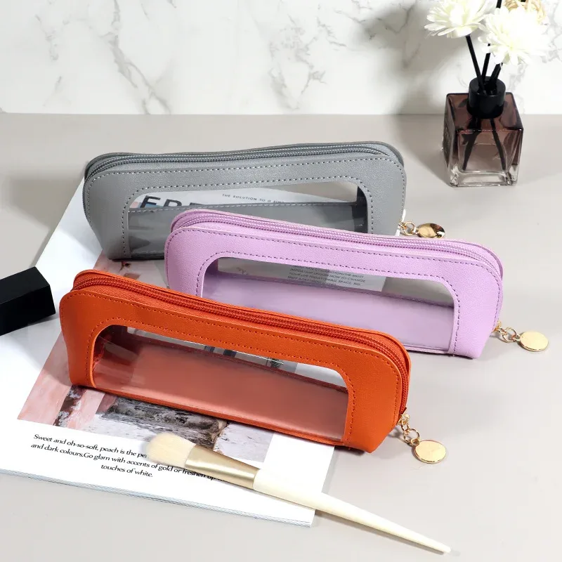 sac à cosmétiques transparent et étanche en pu, sac de rangement pour pinceaux de maquillage de voyage à fermeture éclair, pochette de rangement pour cosmétiques, trousse à crayons
