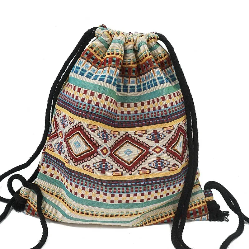 sac à dos en tissu pour femme 2026, style bohème chic, ethnique, tribal, ibiza, gypsy, aztec, doux, marron, avec cordon de serrage