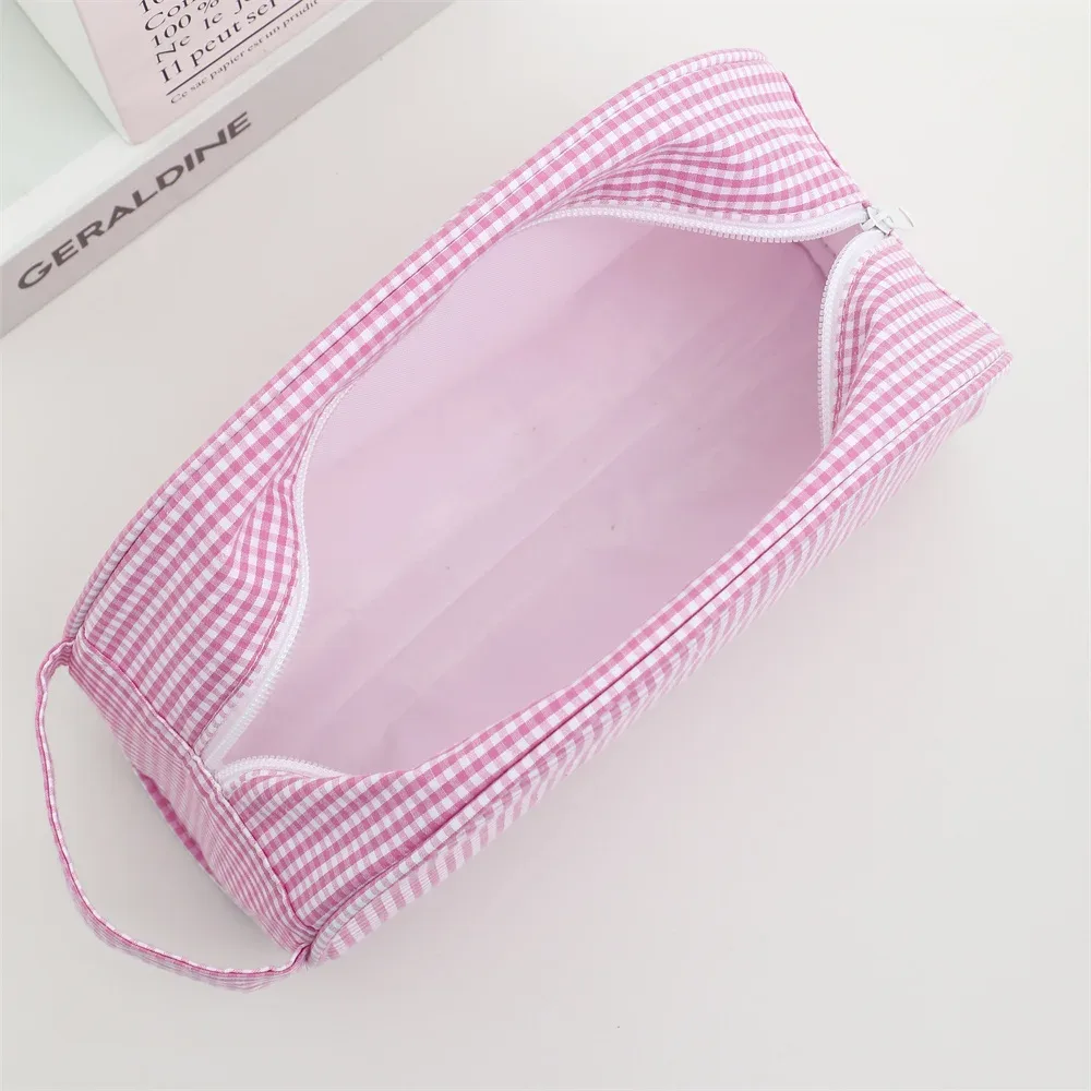 grand sac à main à carreaux pour femme, trousse cosmétique à carreaux, trousse de maquillage, trousse de toilette, poudres, rose, bleu, voyage