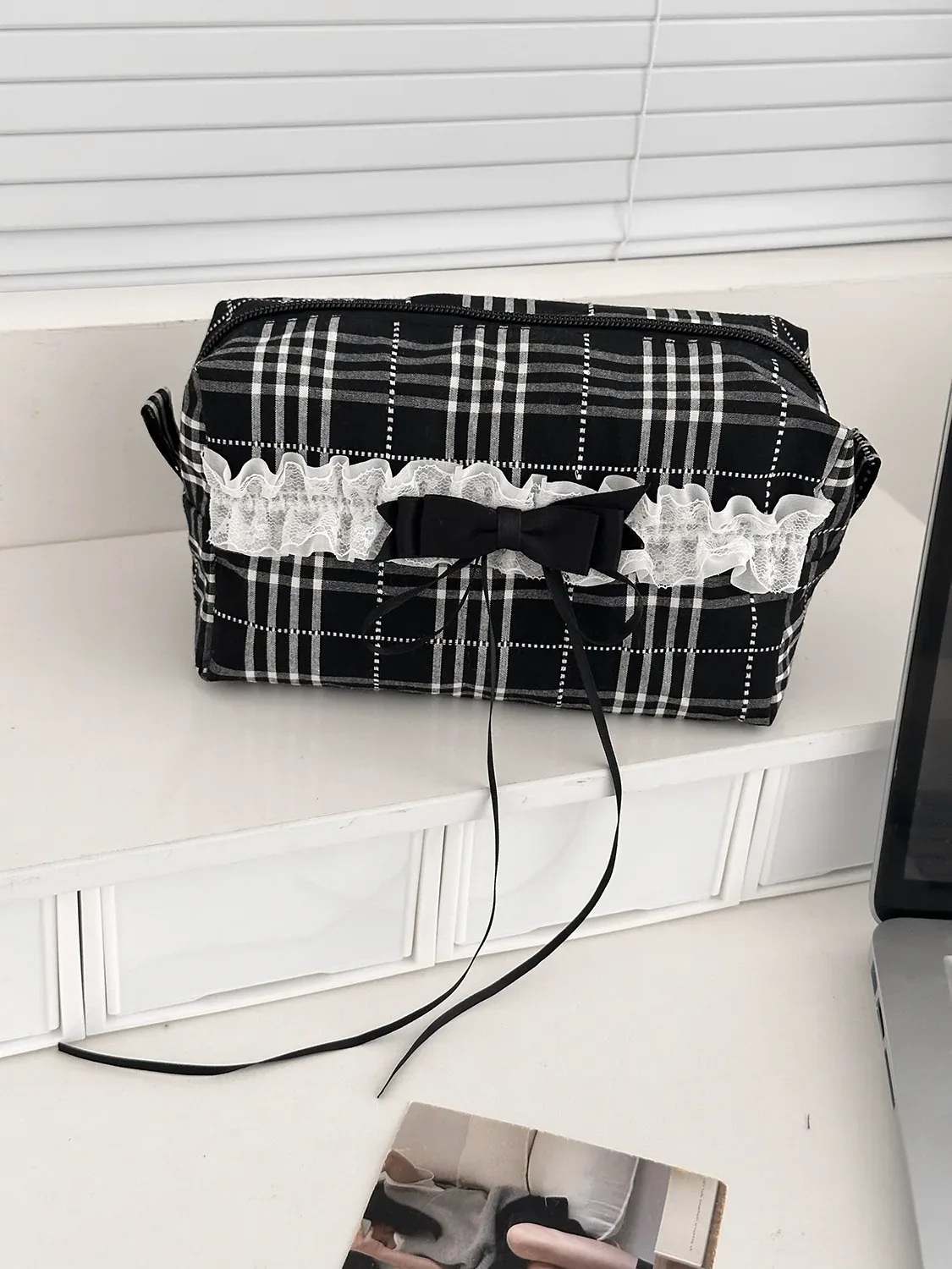 sac de maquillage à carreaux noir et blanc, doux et décontracté, pour écolière, dentelle, style coréen ins, grand étui à cosmétiques, organisateur de voyage mignon
