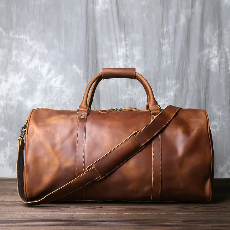 sac de voyage vintage en cuir véritable pour hommes, grande capacité, bandoulière horizontale en cuir de cheval fou, valise portable