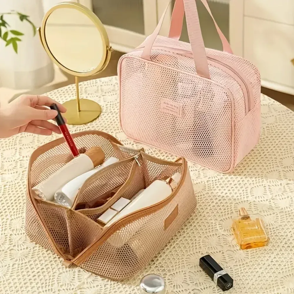 sac à cosmétiques en maille pour femmes et filles, sac de maquillage léger et portable avec poignée, sac de rangement ajouré pour le voyage