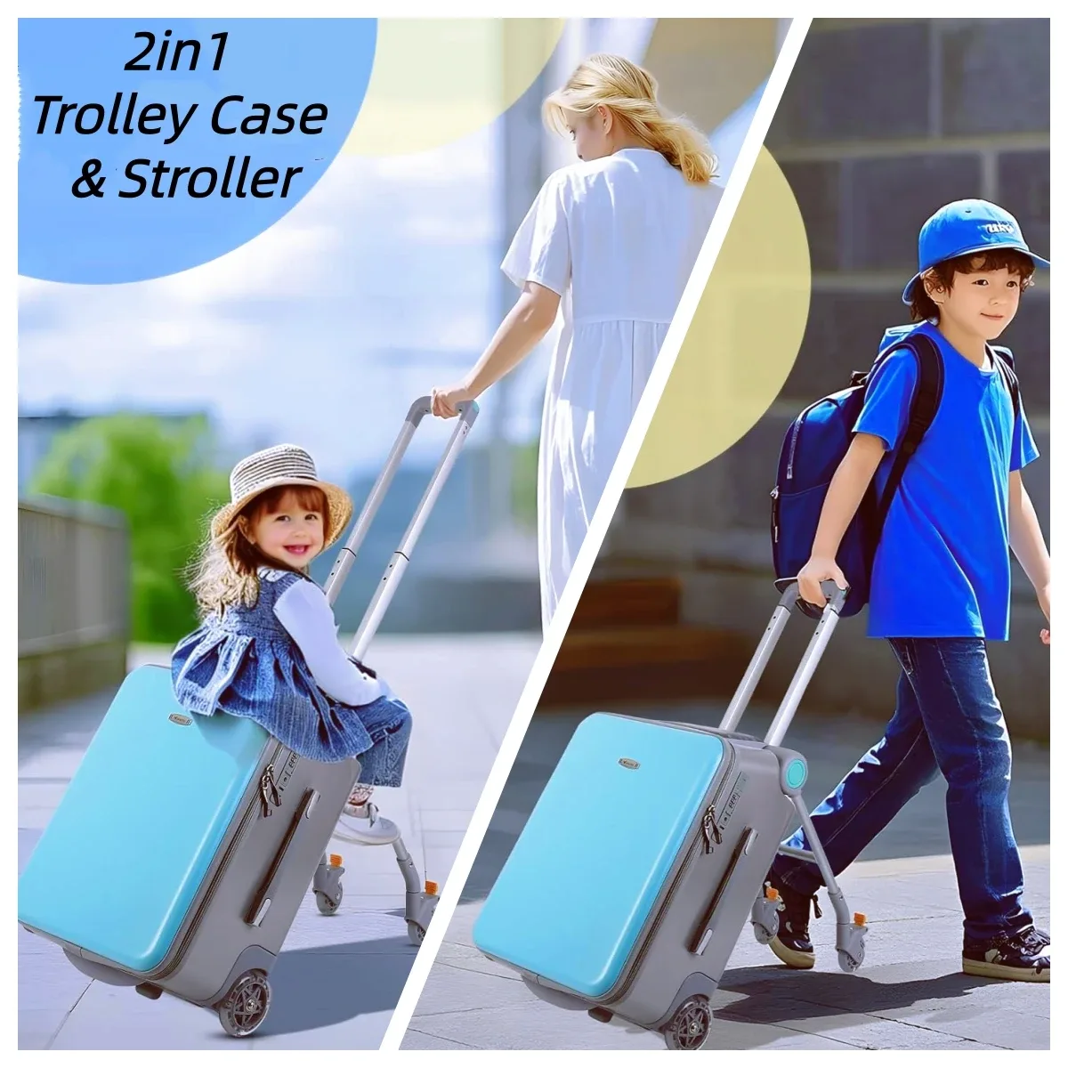valise avec siège pour enfant, poussette de voyage 2 en 1, bagage à roulettes multifonctionnel, valise à roulettes de 20 pouces pour enfant