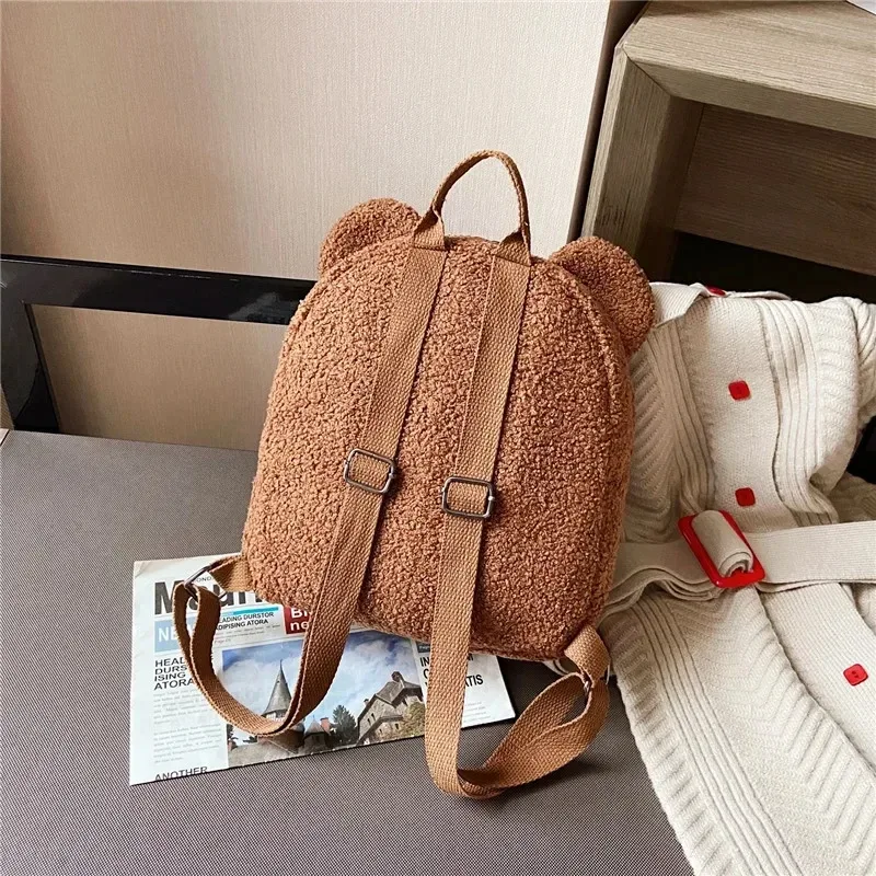 sac à dos en polaire avec oreilles d'ours pour enfants, 1 pièce, petit sac à dos décontracté en laine d'agneau pour filles, cartable pour voyage et shopping