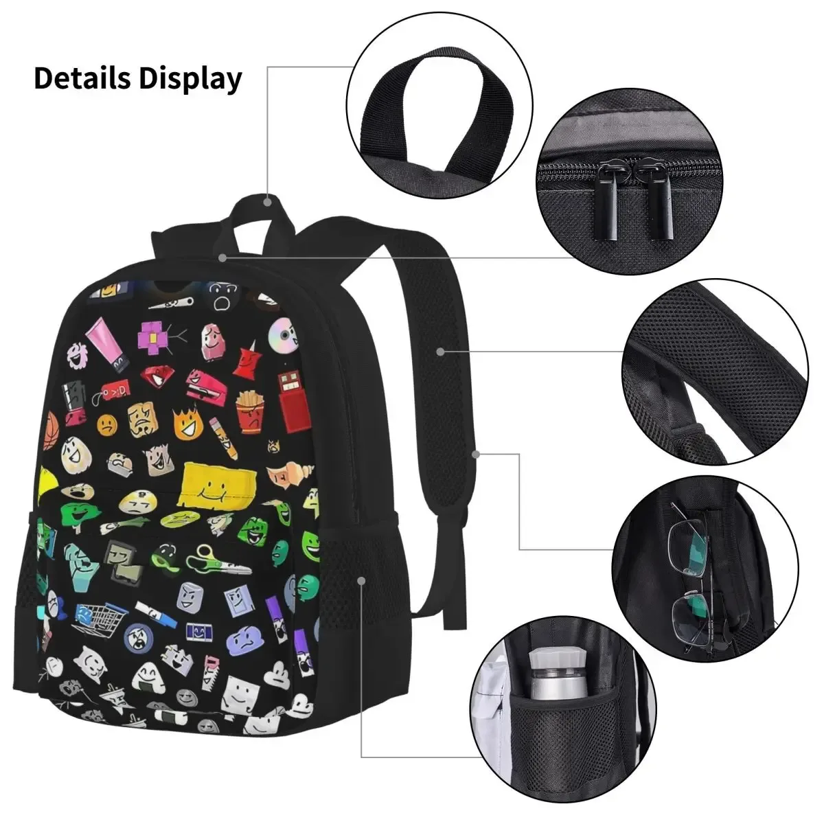 sac dos polyester motif coloré objet visages noirs adolescents ordinateur portable déjeuner usage voyage