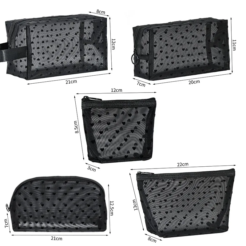 sac de maquillage en maille transparente en forme de cœur, pochette de rangement de cosmétiques portable multifonction pour femmes, sacs de rangement de rouge à lèvres de toilette pour dames