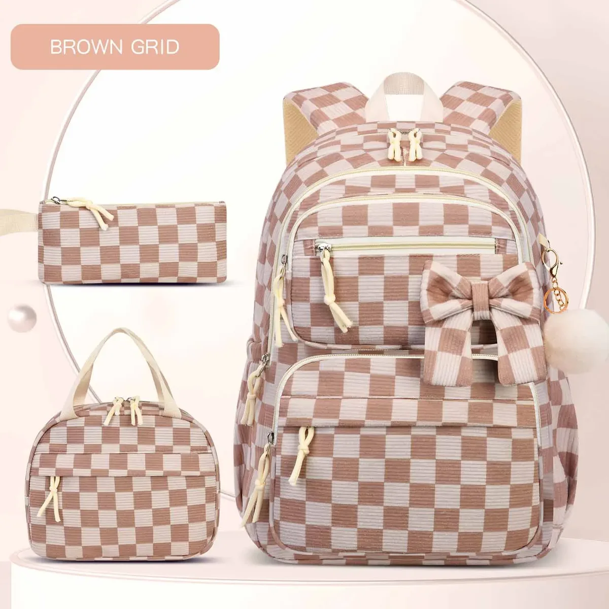 sac à dos d'école pour filles, motif cerise, sac à dos en velours côtelé pour écolière primaire, sac à livres pour enfants, sac à déjeuner, trousse à crayons, 3 pièces/ensemble