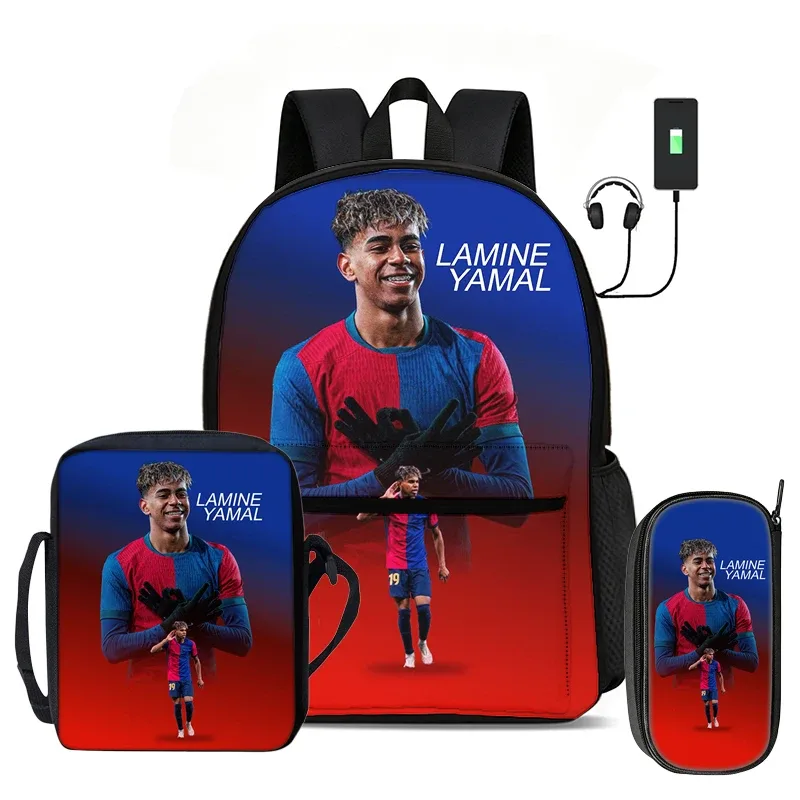 l-lamin yamal ensemble de 3 pièces : sac à dos, sac à bandoulière, trousse à crayons, sac à dos de sport pour enfants, motif star de football