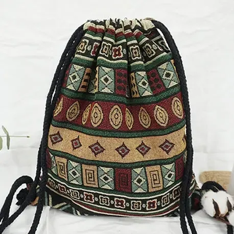 sac à dos en tissu pour femme 2026, style bohème chic, ethnique, tribal, ibiza, gypsy, aztec, doux, marron, avec cordon de serrage
