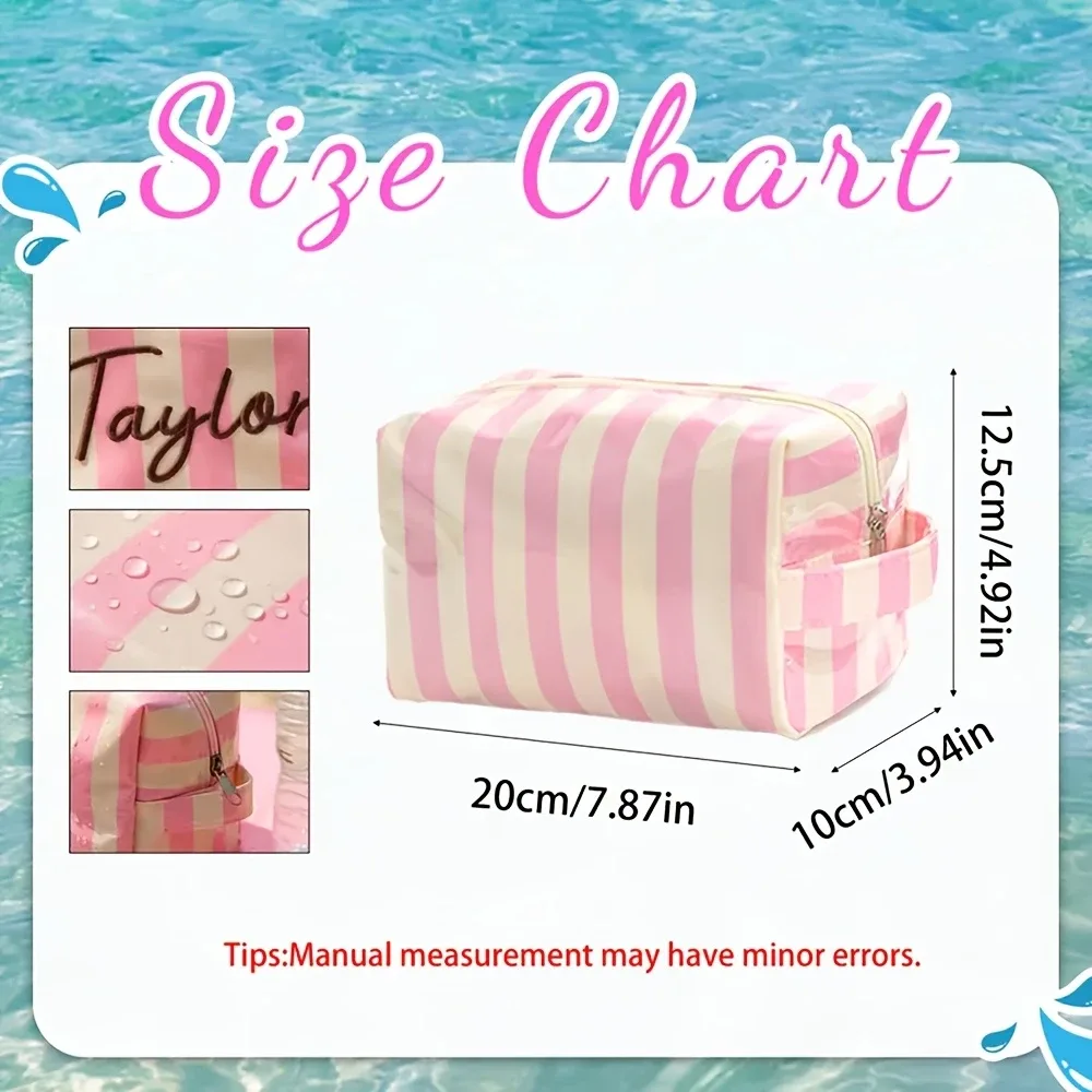 trousse de toilette rayée avec nom brodé, portable, imperméable, multifonctionnelle, cadeau pratique pour demoiselle d'honneur de mariage
