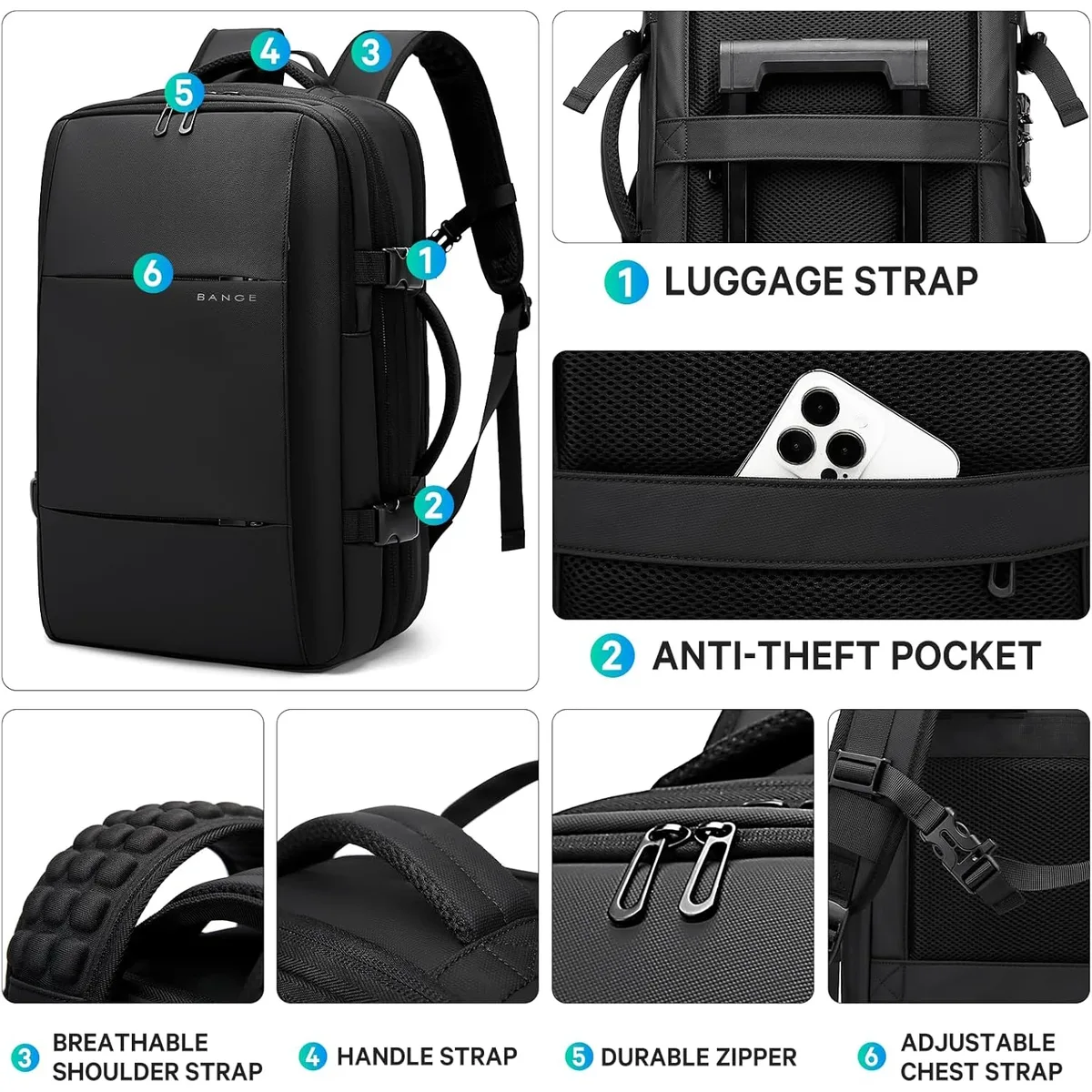 sac dos oxford université noir polyester compression vide ordinateur portable pliable etendu bandoulière arquée étanche antivol
