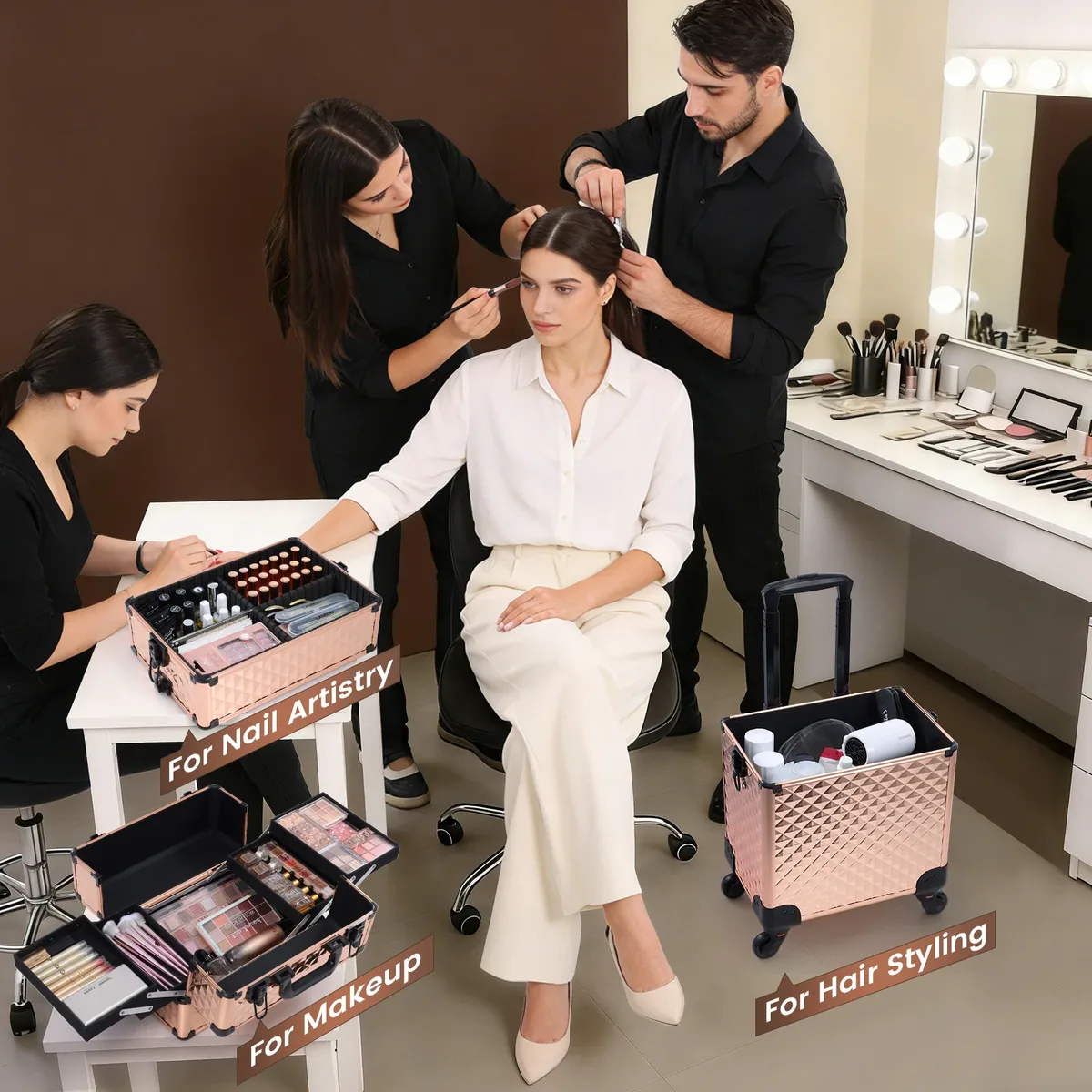 valise de maquillage 3-en-1 à cadre en aluminium, avec 4 plateaux, sur roulettes, portable, pour cosmétologie, coiffure et outils de manucure, avec organisateurs de rangement