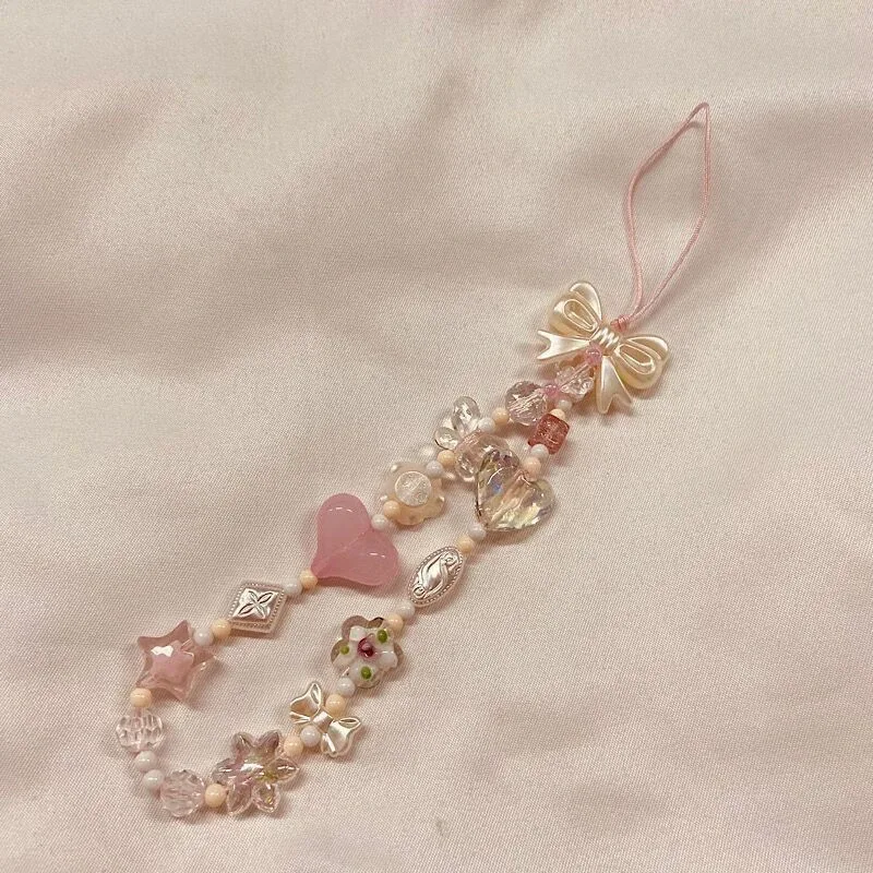 chaîne de téléphone, cordon de sac, porte-clés, breloque de sac à dos, cadeau, version coréenne, avec motifs fleurs de cerisier roses, nœuds d'amour et perles