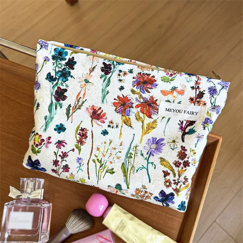 nouvelle trousse de toilette florale de style français, grande trousse de toilette en toile, organiseur de maquillage portable pour les voyages et l'usage quotidien