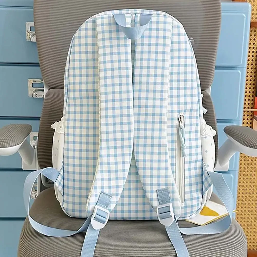 sac à dos coréen à carreaux gingham, design à volants, couleurs pastel, sac d'école en dentelle, bretelles réglables, sac à dos à pois et à carreaux pour le quotidien et les voyages