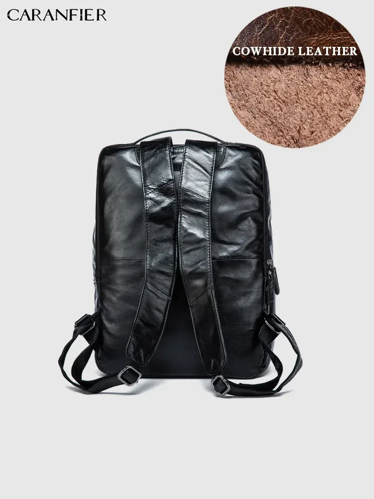 sac dos cuir vache noir polyester intermédiaire informatique bandoulière arquée fermeture éclair rectangulaire coins arrondis grande capacité usage voyage