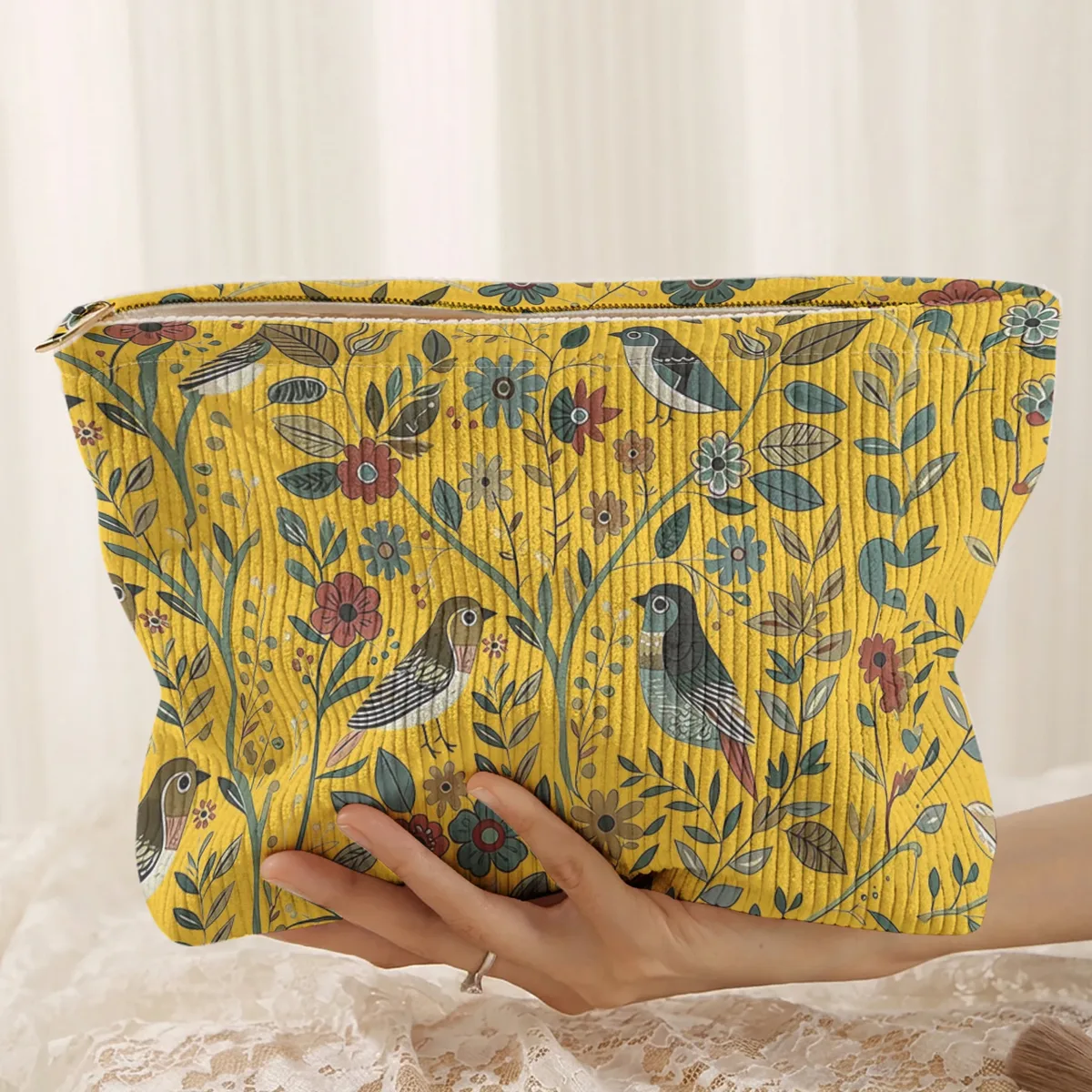1 pièce, trousse de maquillage en velours côtelé avec motif d'oiseaux et de branches, légère et multifonctionnelle pour le rangement des cosmétiques.