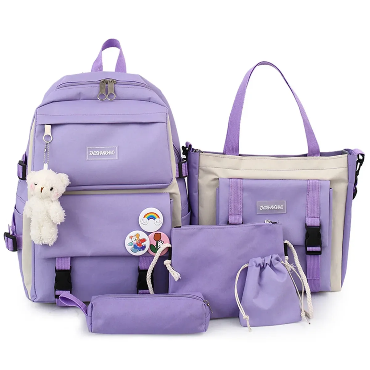 sac dos polyester violet clair gris blanc badgeurs mignons accessoires bricolage voyage école adolescente