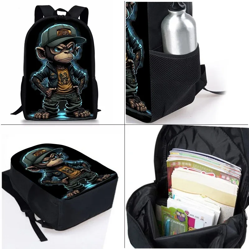 sac dos polyester noir motif singe stylisé bandoulière arquée couverture souple imperméable usage scolaire jeu décontracté