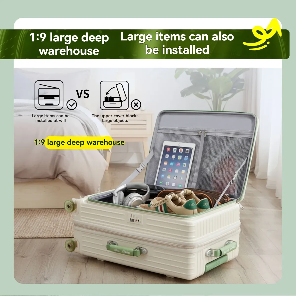 valise bagage rigide abs blanc vert roulettes toupie poignée télescopique couche extensible serrure douanière usage voyage longue distance vacances mer