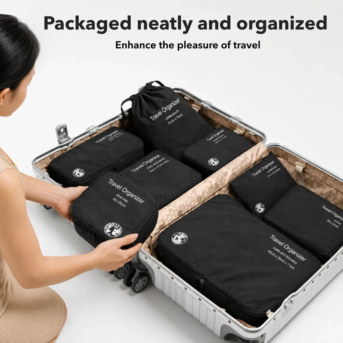 organisateur voyage sac rangement nylon noir géométrique seven pièces usage transport vêtements accessoires compression