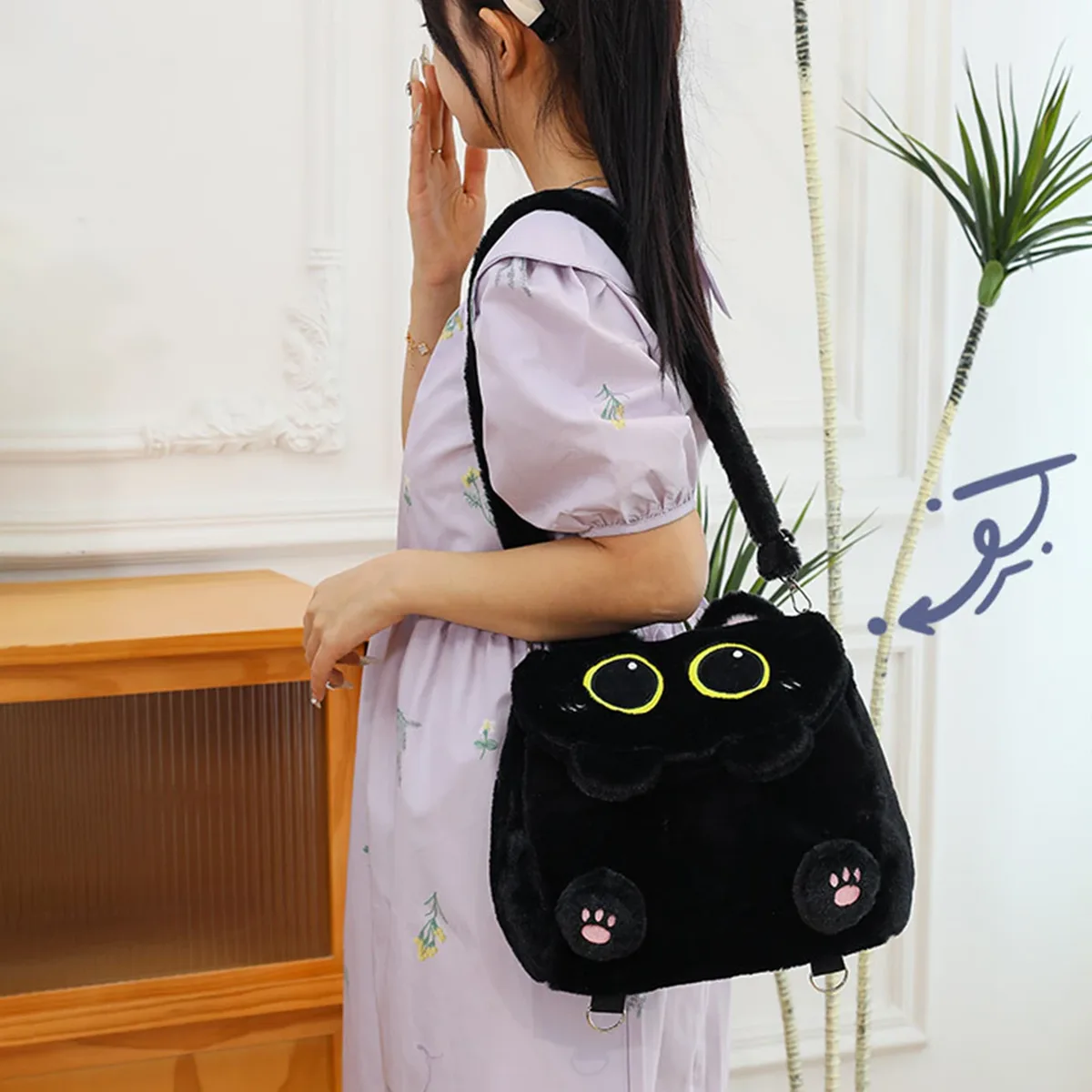 sac à dos en peluche chat noir pour filles, design chaton mignon, grande capacité, léger, pour l'école, les voyages et l'usage quotidien