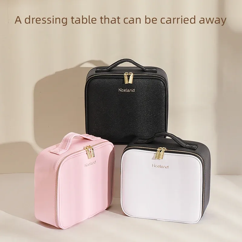 trousse de voyage pour maquillage avec miroir éclairé par led, 3 réglages réglables de couleur, trousse de maquillage de voyage avec séparateurs réglables,