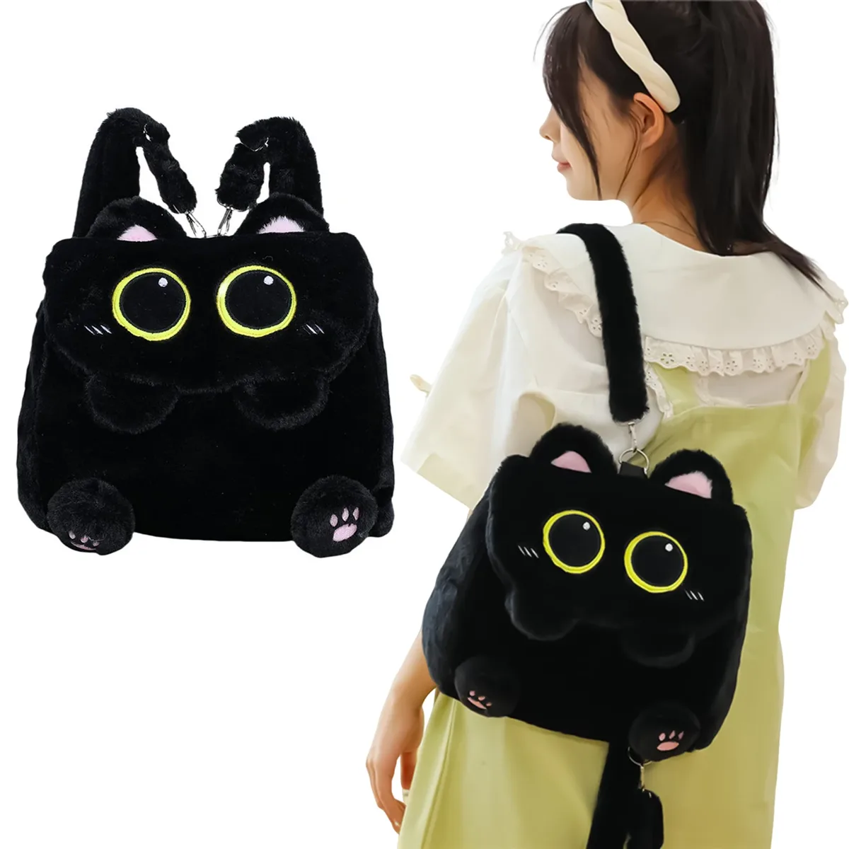 sac à dos en peluche chat noir pour filles, design chaton mignon, grande capacité, léger, pour l'école, les voyages et l'usage quotidien