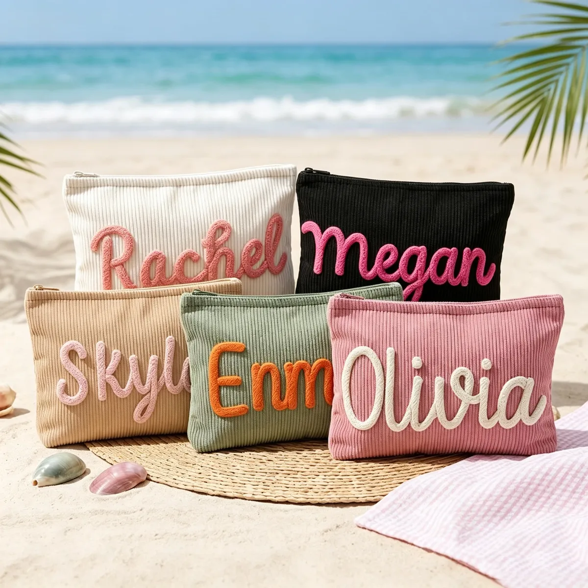 trousse de maquillage personnalisée en velours côtelé, cadeau pour demoiselle d'honneur, pochette de voyage pour les vacances, trousse de toilette personnalisée avec nom, trousse de toilette de voyage