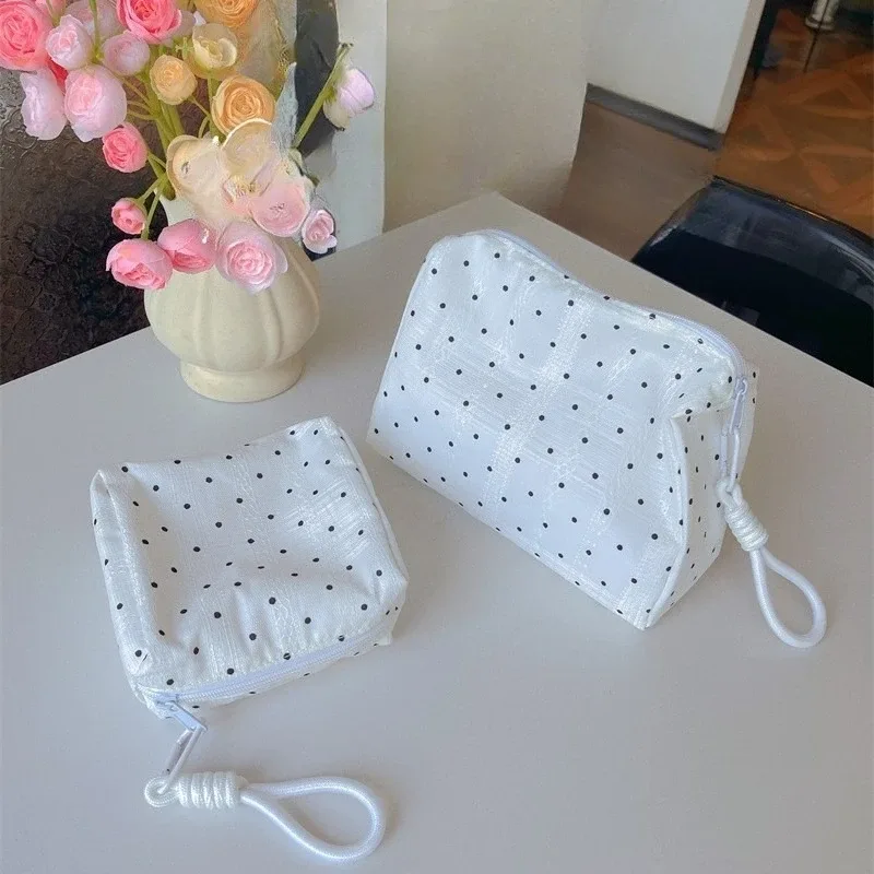 trousse de maquillage à points noirs pour femmes, pochette de rangement de cosmétiques, trousse de toilette de style doux