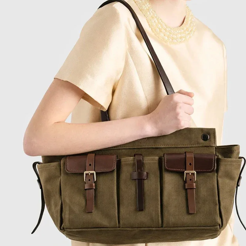 sac fourre-tout de luxe en toile et cuir multi-poches, sac à bandoulière vintage pour femme avec fermeture éclair, sac à main style motard, léger