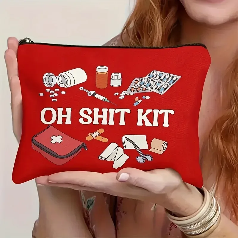 oh no, un sac! une pochette rouge avec motif imprimé, un sac d'accessoires de voyage humoristique, un trousse de premiers secours portable pour les cosmétiques