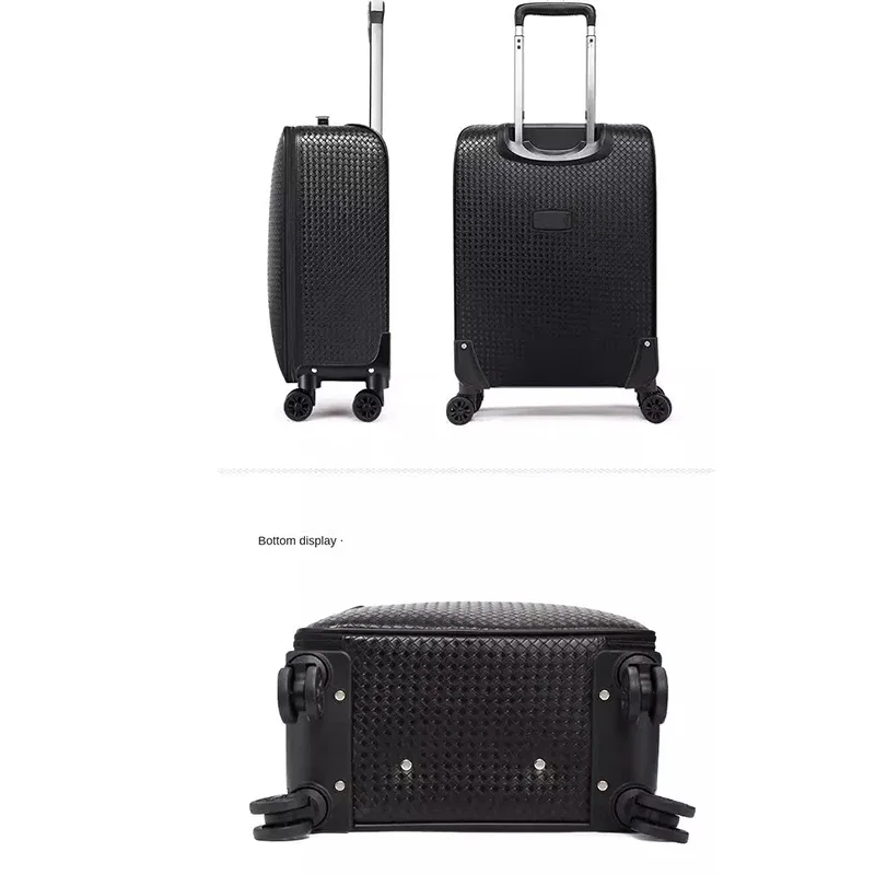 valise à roulettes en cuir véritable pour hommes, valise d'embarquement d'affaires, roue universelle, sac à bagages, motif tissé, 20 po, 16 po