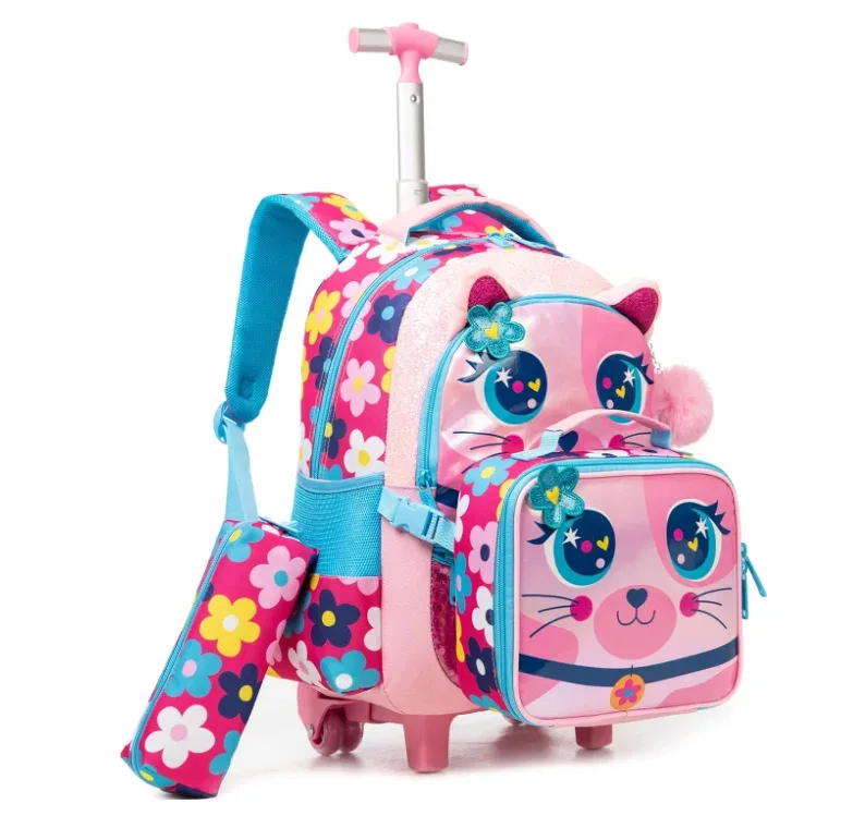 sac à dos scolaire à roulettes, ensemble de 3 pièces, sac à déjeuner, sac à stylos, sac à dos d'école à roulettes pour filles, ensemble de sacs à roulettes avec sac à déjeuner