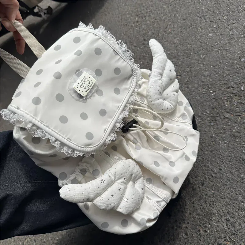 Sac à dos mignon à pois avec ailes d'ange, sac à dos à cordon en dentelle, sac d'école Kawaii, sac à dos de voyage décontracté, sac à bandoulière tendance