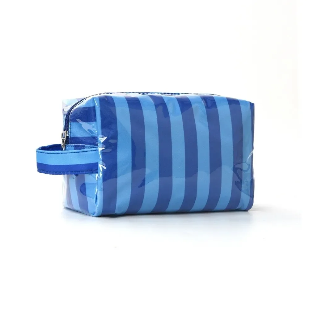 trousse de toilette imperméable rayée grande capacité rose en pvc – organisateur de maquillage portable simple pour voyage – sac de rangement cosmétique pour femme